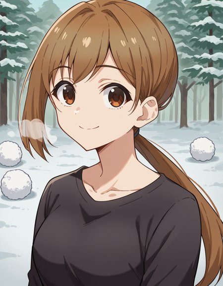 score_9, score_8_up, score_7_up, source_anime, <lora:shikanoko-ukai-s1-ponyxl-lora-nochekaiser:1>, ukai, bangs, brown hair, brown eyes, ponytail, medium breasts,, shirt, black shirt, long sleeves, collarbone, pants,, snow day, winter clothes, snowball fight, laughter, cold breath, white landscape, smile, looking at viewer, undefined, solo,, cowboy shot, dutch angle