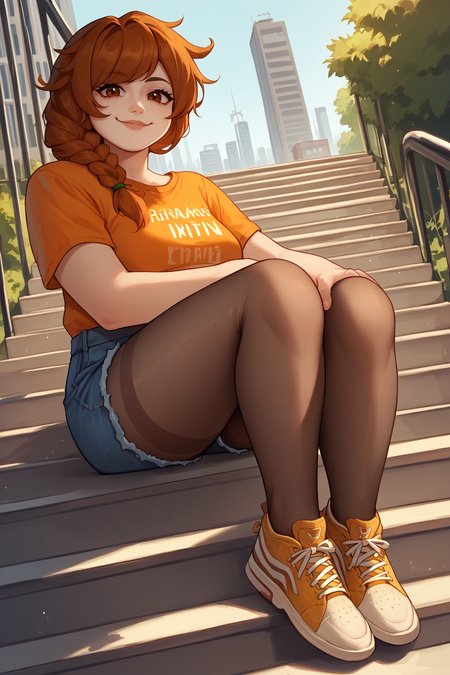 score_9, score_8_up, score_7_up, BREAK 1girl, solo <lora:NSMarnieStardew:1> NSMarnieStardew, single braid, brown eyes, brown hair, curvy, make-up, graphic tee, orange t-shirt, denim shorts, pantyhose under shorts, pantyhose, sitting, stairs, outdoors, city, sneakers, dutch angle, full body, from below, looking at the viewer, smug