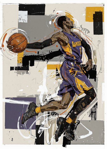 By Martin French. A digital illustration shoot from a profile camera angle about a stylized illustration of a basketball player in action, shot from the side, about a dynamic composition of a muscular, athletic man in a purple and yellow uniform, holding a basketball, in an abstract, dynamic pose. the image also shows a focus on the action of the player, who appears to be in mid-air, with a focused expression on his face. on the middle of the image, a 1man, who appear to be a young adult, is facing away from the viewer, with his full body visible. he is wearing a purple jersey with yellow accents, and black shoes. the background is a mix of abstract shapes and lines in shades of grey and white, with black and yellow accents. the style is reminiscent of modern art with bold lines and brush strokes, giving the image a dynamic and energetic feel. <lora:Martin_French:1>