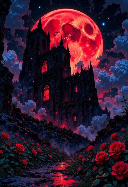 The Forsaken Cathedral – Crumbling Ruins & Eternal Moonlight
"A massive, crumbling cathedral stands alone in an endless field of withered black roses. Its towering stained-glass windows glow faintly with forgotten magic, casting eerie patterns onto the cracked marble floors. The sky is an endless twilight, where a massive blood-red moon looms overhead, illuminating the ruins with an unnatural glow. Shadows move along the walls, whispering secrets from another time."