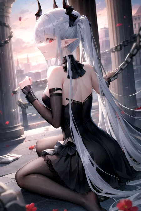 <lora:sarkazgirl-03:1>, BREAK white hair, horns, very long hair, twintails, red eyes, medium breasts, black dress, black ascot, single sleeve, chains, chained down, chained wrists, pointy ears, one bare shoulder, chained to pillar, sitting, pantyhose, single leg pantyhose, from behind, smiling, fangs, head tilt, fluffy hair, disheveled hair