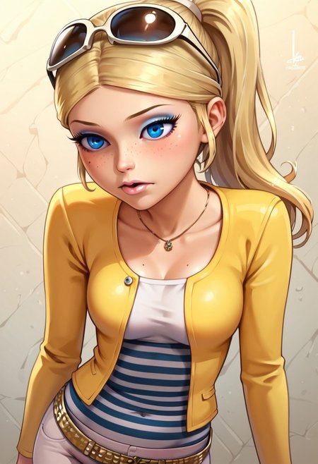, score_9, score_8_up, score_7_up, score_6_up, score_5_up, score_4_up ,breasts, blue eyes, breasts, medium breasts, source_cartoon, 2D, face, detailed eyes, bright blue eyes, (petite body), (athletic tummy:0.8), (huge breast:0.8), 
(sexy pose:1.4), (teasing:1.4)
1girl, solo, erotic aesthetics, unique angle, detailed background, semi realistic, source_cartoon, modern
imtdchloeb, 1girl, blonde hair, blue eyes, jewelry, necklace, makeup, ponytail, eyeshadow, eyelashes, freckles on face, freckles 
imtdchloeb, 1girl, blonde hair, blue eyes, sunglasses on head, jewelry, necklace, makeup, striped shirt, ponytail, eyeshadow, yellow jacket, capri pants, belt, white pants, eyelashes