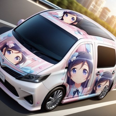 aragaki ayase,smile,vehicle focus, from side(lapping car,print car,painted car style),masterpiece,best quality, very aesthetic, absurdres,  ultra detailed  <lora:Ayase_Aragaki_-_Oreimo:0.7> <lora:lappingcar:1>