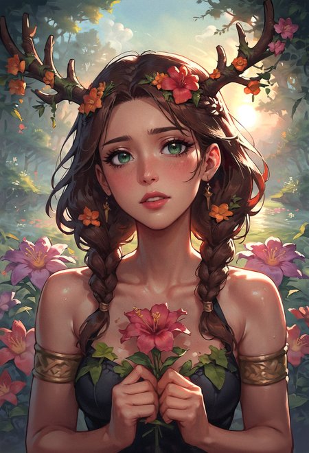 score_9, score_8_up, score_7_up, 1girl, black leotard, shiny skin, blush, chestnut brown hair, crownbraid twintails, looking at viewer, sunset, flowers in a flower meadow, nature, lush green forest, antlers  <lora:sdxl\Concept Art Twilight Style SDXL_LoRA_Pony Diffusion V6 XL:0.8> <lora:sdxl\Smooth Style 2 SDXL_LoRA_Pony Diffusion V6 XL:0.8>