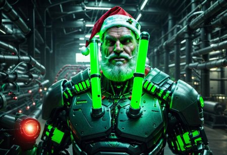raw photo,cinematic shot,realistic,cybermutant robot santa claus with glowing red and green tubes in an industrial facility