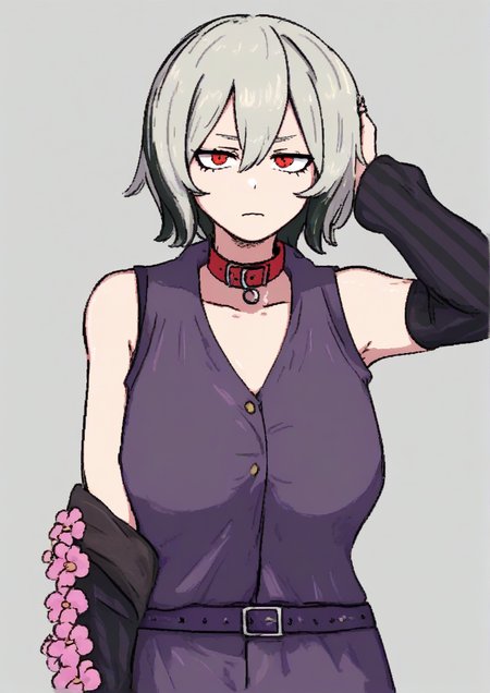 1girl, flower (vocaloid), flower (vocaloid4), huge breast, androgynous, arm warmers, belt collar, black hair, closed mouth, collar, collarbone, grey background, grey hair, hair between eyes, half-closed eyes, hand on own head, hand up, jewelry, light frown, looking at viewer, multicolored hair, open clothes, open vest, purple shirt, purple vest, red eyes, red nails, ring, sanpaku, shirt, short hair, sleeveless, sleeveless shirt, solo, streaked hair, striped arm warmers, upper body, vest, <lora:kingbawoon:1>