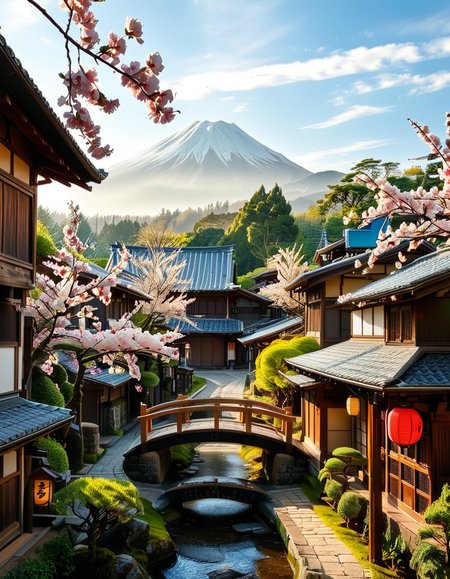 A picturesque traditional Japanese village nestled in a serene valley, surrounded by lush green mountains under a soft morning mist. The village consists of wooden houses with thatched roofs (gassho-zukuri style), showcasing intricate wooden details and sliding paper doors. A narrow stone-paved path winds through the village, leading to a small red torii gate at the entrance of a Shinto shrine. Cherry blossoms in full bloom line the streets, their pink petals gently falling in the breeze. A tranquil river flows through the village, crossed by an old wooden bridge with moss-covered stones. Villagers in traditional kimonos and straw hats go about their daily livesâan elderly man sweeping his porch, a woman carrying a basket of fresh produce, and children playing near a koi pond. The atmosphere is peaceful and nostalgic, with warm sunlight filtering through the trees, casting dappled shadows on the ground. The scene is rich in traditional Japanese aesthetics, evoking a sense of harmony and timeless beauty.
<lora:SDXLFaeTastic2400:0.4> <lora:extremely_detailed:0.4> extremely detailed,<lora:traditional_Japanese_v1ll4g3:1>,traditional Japanese v1ll4g3, Masterpiece,best quality,hi res,8k,hi res,8k,award winning,(sharp focus, intricate, highly detailed),