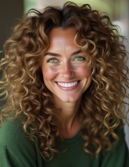 A portrait of a woman with thick, curly light brown hair framing her face, her green eyes filled with curiosity, and a soft, genuine smile. <lora:usual-portrait-v2:1>
