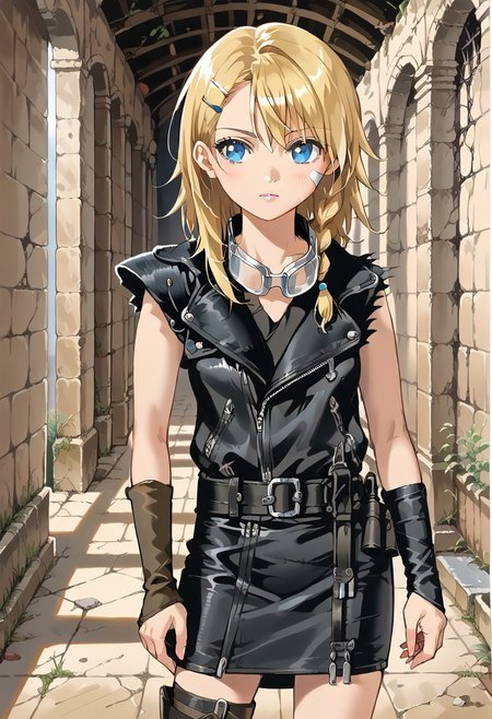 score_8, score_8_up, score_7_up, source_anime, anime screenshot, 1girl, solo, female focus, Rena_MM, blonde hair, blue eyes, long hair, asymmetrical hair, hair clip, single braid, side braid, bandaid on face, goggles around neck, Road_Wargear, leather jacket, (asymmetrical clothes, asymmetrical sleeves, single pauldron:1.5), miniskirt, black skirt, cowboy shot, indoors, ruins, post-apocalypse, wall, hallway