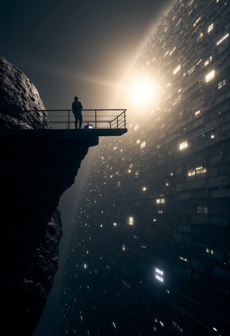 From a precarious observation deck, an observer leans out to view a Dyson swarm under construction. Millions of solar collectors orbit a blazing star, their surfaces a patchwork of light and shadow. Colossal assembly ships move between the panels, dwarfed by the scale of the project. The viewing platform juts out from an asteroid, offering a vertiginous downward angle. Hard sci-fi concept art style with a stark contrast between the inky blacks of space and the blinding whites of the star,