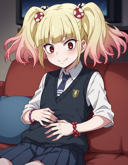 score_9, score_8_up, score_7_up, source_anime, <lora:yuria-niguredou-s1-ponyxl-lora-nochekaiser_r1:1>, yuria niguredou, bangs, blonde hair, hair ornament, red eyes, twintails, pink hair, multicolored hair, gradient hair,, skirt, shirt, jewelry, school uniform, pleated skirt, necktie, bracelet, sweater vest, beads,, living room, television, couch, popcorn, watching movie, night time, sitting,, smile, , hand on stomach, blush,, solo,, dutch angle, cowboy shot