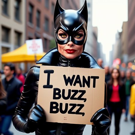 buzz, iconic catwoman with a sign with text "i want buzz" <lora:buzz-text:.85>
