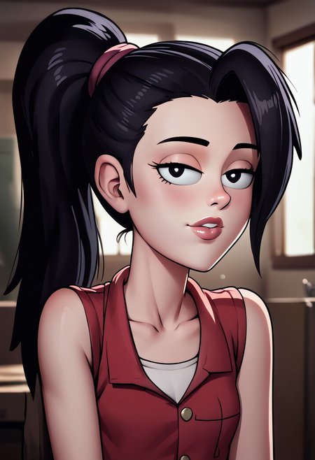 (ultra HD quality details), Detailed illustration, score_9, score_8_up, score_7_up, score_6_up, PRSNL, w_g_f, uncensored , pupils black dots, 1girl, lips,
kale, black hair, ponytail, black eyes,
Warm light, indoors,
((Upper body)),