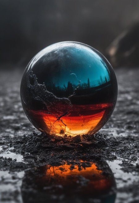 glassy orb , smashes the wet ground, reflection on ground (dark smoky background with brilliant colors:1.4), sheen,<lora:add-detail-xl:0.75>,  <lora:xl_more_art-full_v1:0.5>,  <lora:ral-drptpl:0.4> ral-drptpl