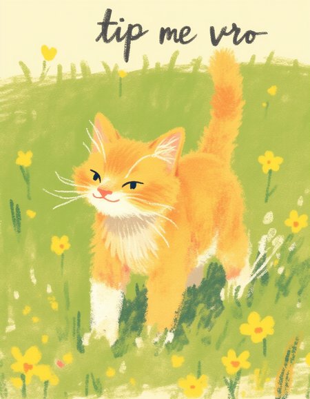 A small orange cat running in the garden, rushing into the camera from the right, front half of the body, side view, snapshot, afterimage, staring at viewer, photograph, Above the cat, the word "tip me vro" is written in a playful, black, handwritten font.  <lora:qiu_crayon:1> crayon