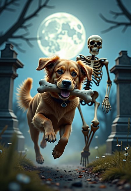 score_9,score_8_up,score_7_up,score_6_up, Dog with bone in mouth fleing from a boneswm angry skeleton, on a graveyard.