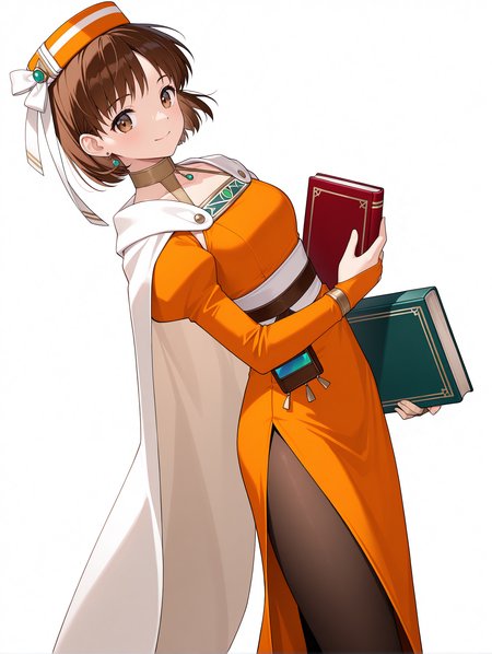 masterpiece,best quality,newest,
1girl,solo,
<lora:Elfir_Traum_ilxl_v1.2:1>,e_hat,elfir_traum,short hair,brown hair,brown eyes,e_clothes,bridal gauntlets,black_pantyhose,
<lora:Fixhands_anime_bdsqlsz_V1:1>,dynamic_angle,cinematic_angle,smile,posing,simple_background,white background,standing,holding_book,