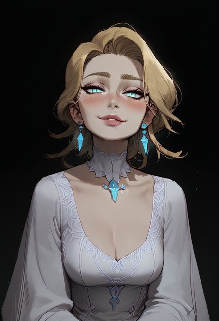 score_9, score_8_up, score_8. score_9, score_8_up, score_7_up, score_6_up, masterpiece, 4k, high quality, (best quality:1.1), ExpressiveH,(close up)
1girl, GlaciaPDXL, medium breasts, blushing,looking at viewer, seductive smile, g0dd3ss, white dress, cleavage
black background