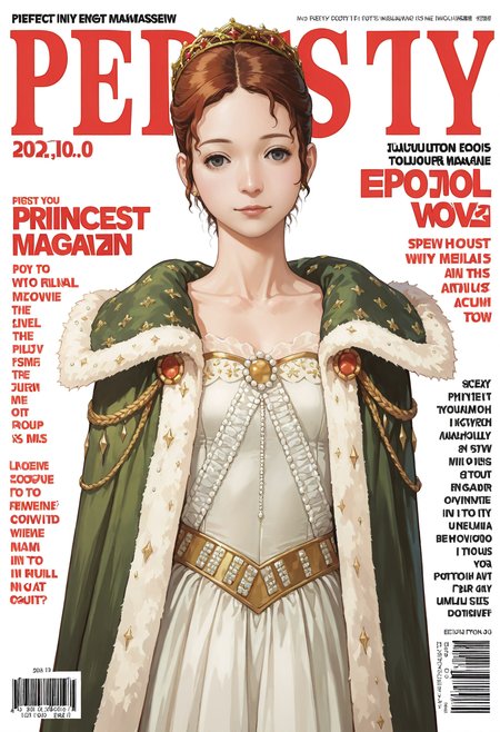 <lora:add-detail-xl:1>,masterpiece,best quality,absurdres,highres,detailed eyes,beautiful,detailed background,perfect eyes,realistic,solo,
<lora:magazine-cover-illustriousxl-lora-nochekaiser:1>,magazine cover,fake magazine cover,english text,cover,fake cover,price,cover page,text focus,barcode,dated,cowboy shot,sexy pose,
<lora:Sharurotto:1>,1girl,brown hair,lips,grey eyes,brown eyes,black eyes,eyelashes,red hair,jewelry,crown,tiara,dress,princess,earrings,cape,hair up,collarbone,short hair,fur trim,light smile,