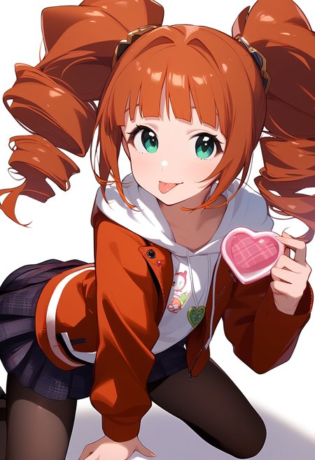 1girl,
takatsuki yayoi,


solo, twintails, drill hair, alternate costume, plaid, skirt, simple background, arm support, hand up, jacket, green eyes, blush, shirt, hood, heart, looking at viewer, striped jacket, :p, striped clothes, long sleeves, miniskirt, plaid skirt, kneeling, orange hoodie, hoodie, white shirt, blunt bangs, white background, pantyhose, tongue, red jacket, orange hair, tongue out, twin drills,

sfw
<lora:a31_char_new_takatsuki_yayoi:1> <lora:a31_style_koni-000010:0.8>
