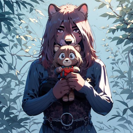 score_9, knva, 1girl, Sable Ward, furry, anthro tanuki, holding a tanuki toy