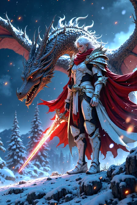 mythp0rt, A breathtaking scene in a hyper-realistic, dreamlike style, showcasing a powerful knight standing alongside a majestic flying dragon. The wide-angle lens captures the knight in his white and red hybrid armor, intricately detailed with perfect anatomy. His white hair and glowing white eyes reflect the hard light, creating a striking contrast against the night sky. The glowing, dazzling sword in his hand points forward, illuminating the snowy landscape as snowflakes gently fall around them. Sparks of light dance in the background, enhancing the depth of field and adding a touch of ethereal magic to the scene. The composition, with its ultra-detailed and UHD quality, embodies a masterpiece of epic proportions.
