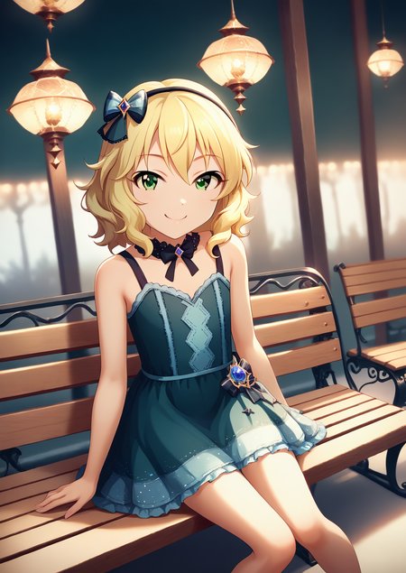 <lora:Anime Style 2 SDXL_LoRA_Pony Diffusion V6 XL:0.5>, score_9, score_8_up, score_7_up, source_anime, (masterpiece, best quality:1.2), extremely detailed, soft ambient lighting, sharp focus, 4K, BREAK <lora:SakuraiMomoka_pony_v1:1> skrimmk, 1girl, solo, short hair, blonde hair, wavy hair, hairband, hair bow, bangs, hair between eyes, green eyes, flat chest,  red cute dress, idol dress, BREAK looking at viewer, smiling, happy, sitting on bench,
