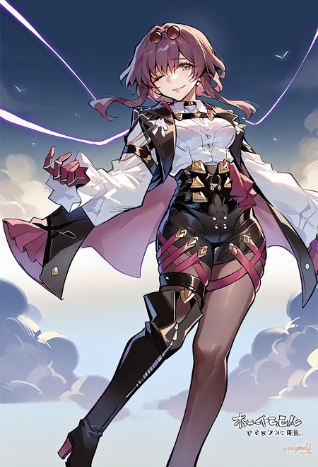 score_9, score_7_up, source_anime, BREAK <lora:AERingo:1> linear hatching,  <lora:AEKafka:1> aekafka, sunglasses, jacket on shoulders, collared shirt, arm belt, chest harness, purple gloves, black shorts, high-waist shorts, pantyhose under shorts, purple pantyhose, thigh strap, asymmetrical footwear, single thigh boot, black footwear, high heel boots, seductive smile, one eye closed,