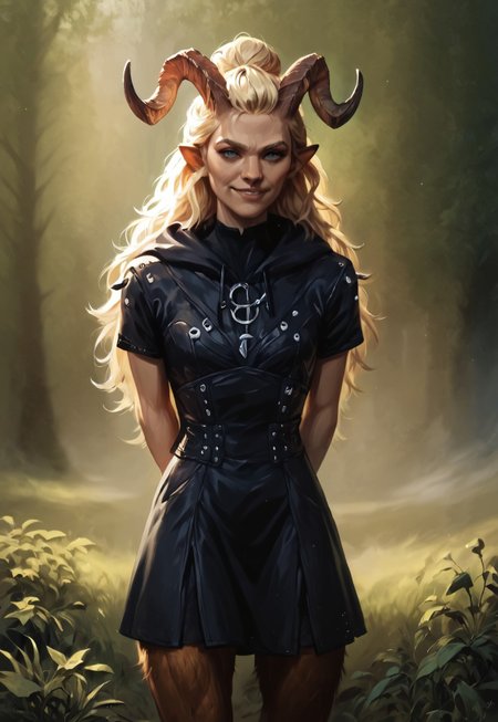 safe_pos, (((beautiful, high quality))), score_9, score_8_up, score_7_up, blonde hair, long hair, hair bun, small breasts, woman, looking at the viewer, dynamic pose, blurred background, in the style of jeff-easley, oil painting, realistic, short sleeves, smirk, black armor, (studded leather armor:1.1), cloak, hood, satyr, faun, horns, animal ears, big horns, skirt, black skirt, hands behind back, 
