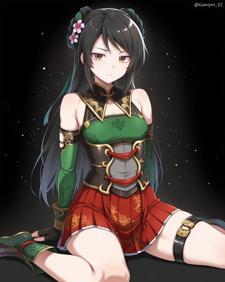 masterpiece,best quality,amazing quality, (by e.o.:0.7), (by chiharu \(9654784\):0.4), (by racoon-kun.:0.4),
1girl, solo, 
<lora:GuanYinping_Illustrious>, Guan Yinping, black hair, brown eyes, small breasts, hair flower, green shirt, detached sleeves, black collar, corset, red skirt, fingerless gloves, thigh belt, green boots,
simple background, black background, particles,
