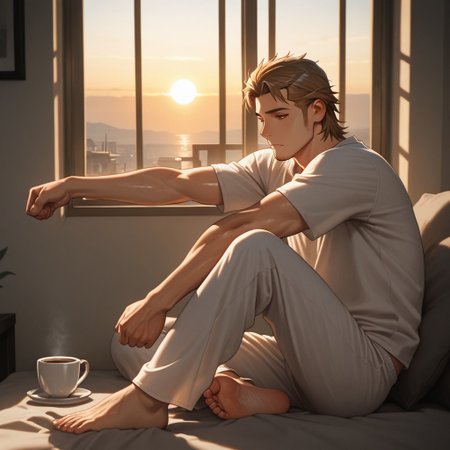 masterpiece, best quality, amazing quality, absurdres, newest, detailed background, definition so sharp, Ultra-HD, 8K cinematic, very awa, impressionate, amazing quality, highres, 
solo, male focus, manly, shadow, shiny skin,
ekusoushizumu, ekusou_brunette, ekusou_orange eyes, 1boy, short hair, sideburns, stubble, morning, sunrise_light, coffee, tea_cup, barefoot, pajamas, stretching, soft_light, peaceful_morning, calm_start, window_light, minimalist_setting, fresh_air