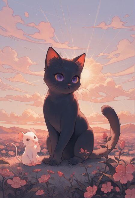 very awa, (pastel colors:0.7), (opossumachine:0.7), (maccha \mochancc\:0.6), no humans, black cat, sunlight, outdoors, white mouse, masterpiece, [best quality:0.15], newest, absurdres,