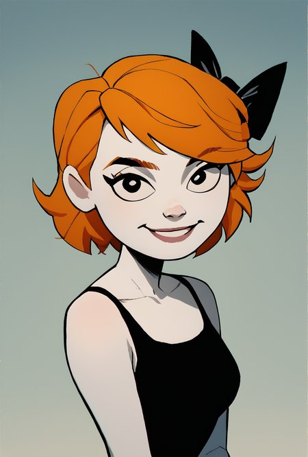 score_9, score_8_up, score_7_up, score_6_up, score_5_up, simple,  looking at viewer, smiling, simple, <lora:derpina-10:1> derpina, 1girl, short hair, hair bow, medium hair, orange hair, black dress,, white skin,,  <lora:wyatt:1> wyatt   <lora:jl33XLP:1> jl33, science fiction