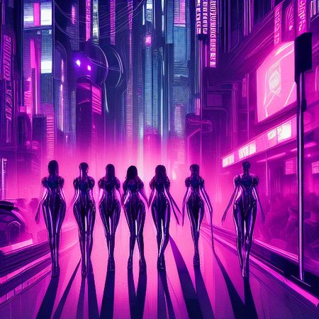 cyberpunk, robot, multiple girls, boobs, stripclub, nsfw, city, cybercity, perfect quality, HD, 4k, masterpiece,
