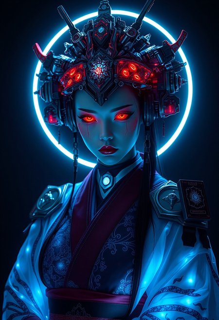 (Soft Lighting Photography by Mimoza Veliu and Mario Giacomelli:1.2), NSFW, a futuristic, cyberpunk-inspired figure resembling an empress or deity, adorned with intricate, glowing armor and headgear. The character has sharp, red, glowing eyes that stand out against pale skin, giving an intense and otherworldly look. The headpiece is a highly detailed structure featuring mechanical and ornamental elements, with metallic components and neon accents, forming an elaborate crown. A circular neon halo glows behind the figure’s head, enhancing the ethereal and divine atmosphere. The clothing blends traditional Japanese elements, such as a robe with intricate embroidery, with high-tech, holographic materials. Flowing translucent fabrics are illuminated with bright blue lights, creating a striking contrast against the dark background. The overall aesthetic is a powerful combination of ancient Japanese culture and futuristic cybernetic design, sexy
