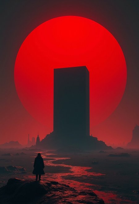 wallpaper with kubrick monolith, red sphere