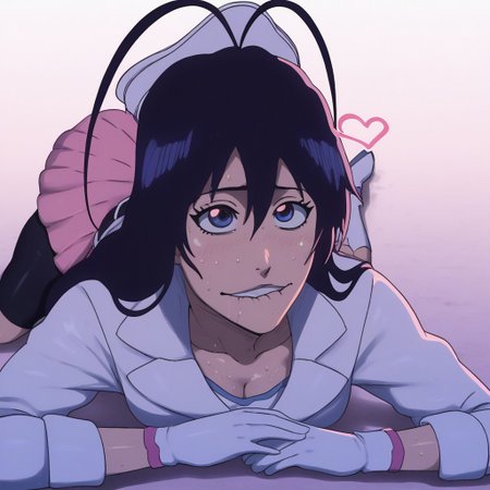 score_9,score_8_up,score_7_up, BREAK 1girl, 1boy, BREAK solo, lying on stomach, big ass, wide hips, sweat, sweaty, dynamic view, pink and white background, biting lip, d-art, licking ass cheeks, Giselle Gewelle, black hair, long hair, antenna hair, blue eyes, white dress, double breasted, collarbone, black leggings, white footwear, boots, bambietta_basterbine, black hair, long hair, hair between eyes, white peaked cap, white gloves, white jacket, white skirt, black belt, heart belt buckle, white boots, pink clothing accents