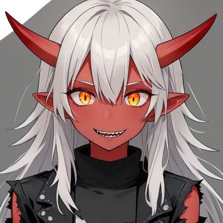 solo, long_hair, orange_hair, 1girl, hair_between_eyes, smiling, sharp_tooth, red_skin, short elf ears, small oni horns white/red ,black ripped jacket, no sleeves, short black ripped jeans,
