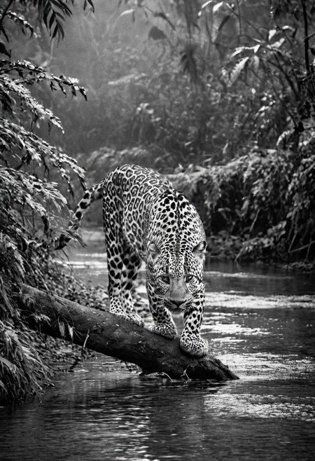 a (black and white:1.5) photo of a leopard, in the jungle, drinking at the at the edge of a river, at dusk, dense jungle forest, dramatic lights, shallow depth of field, blurred background, extreme details, intricate details, 8k, 35mm photo, photorealism, realistic photo, national geographic style, masterpiece, film photography style