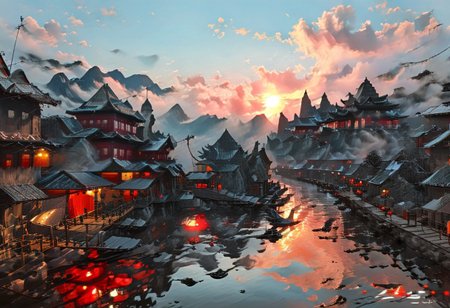 ((score_9, score_8_up, score_7_up, score_6_up)), ((Masterpiece)), (((Ha Long Bay, Halong Bay, inlay myanmar))), Photorealistic, India Model, detailed, perfect, perfection, dioramas, watercraft, lake, chinese meticulous ink, panorama landscape, dioramas, architecture, ships, wharf, sea, river, pier, chimney, cloud, town, house, water, ((blood-red sunset, large sun, volumetric lighting, god rays)), ((Lake water reflecting red light)), dracula japan village, Japan, enchanted fortress and fortified castle, above the clouds, mystical atmosphere, detailed stone and wood walls, bloody mist swirls around, weibo, drawing, formal, black hair, devil horns, double halo, hunter eyes, holding finger to lips, shush, intimidating retro 90's, red, black, science fiction, a dark sky lit by the glow of distant moons and neon lights. rockpunk, yoji shinkawa, James Jean, Ayami Kojima, village, <lora:EnvyPanoramaXL01:0.5>, Hand, detailed, perfect, perfection, hands, India Model, Beautiful, Photorealistic, chinese meticulous ink, illustration