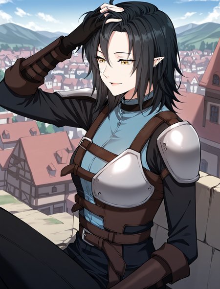 <lora:Helen_Shard__The_Beginning_After_the_End__Illustrious:1>
1 girl, solo, elf, pointy ears, black hair, medium hair, yellow eyes, blue shirt, pants, fingerless gloves, armor, shoulder armor, belt, ear piercing,
shirt, long sleeves, blue shirt, black shirt, black pants, earrings
score_9, score_8_up, score_7_up, very aesthetic, source_anime, detailed, high quality, beautiful, masterpiece, detailed eyes, castle, village, blurry background, cityscape, pose dynamic angle, light smile, open mouth, hand on hair, sitting
