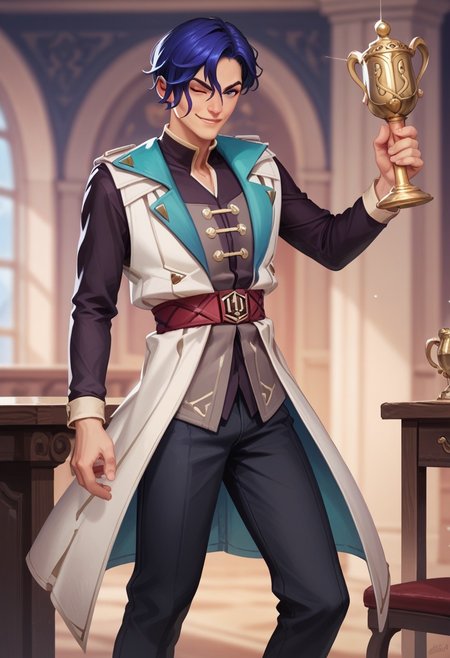 score_9_up, score_8_up, score_7_up, score_6_up, (realistic, photography, explicit photography) dynamic pose, 1boy, solo, BREAK, 
b4pt1st3,, short hair, hair over one eye, bangs, blue hair, blue eyes, , long sleeves, belt, coat, shirt, black pants, shoes, coat,  vest, BREAK,
cleaning, cleaning a trophy, one eye closed, focused, smirk,