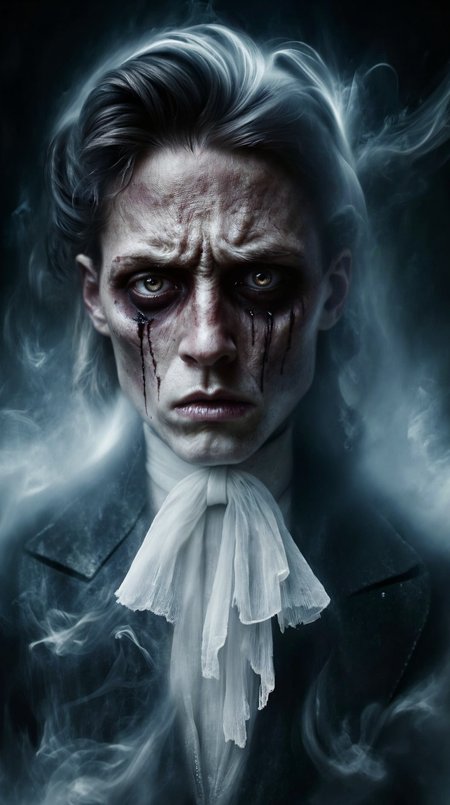 zavy-ghst, translucent figure, ethereal ghost, 

An extreme close-up portrait of a ghostly young groom, dressed in elegant yet worn and teared 19th-century attire, evoking a bygone era. The groom is (crying:1.2) in despair, his head is slightly bowed, his haunted hazel eyes glossy with sorrow, as black tears stream down his pale cheeks, staining his otherwise flawless, translucent skin.
His expression is one of (utter despair:1.1), frozen in an (eternal moment of grief:1.1).

His dark, wavy hair is neatly combed, though slightly disheveled, as if time has weathered his once-pristine appearance. His high-collared Victorian jacket and white cravat are subtly worn, fading into the misty, ethereal glow that surrounds his spectral form.

The background is blurred and dark, fading into a soft, ghostly haze, enhancing the mystical and melancholic atmosphere. The lighting is moody and directional, casting subtle highlights on his cheekbones while deep shadows add dramatic contrast. The color palette is desaturated, dominated by cold blues, grays, and faded sepia tones, reinforcing the timeless, supernatural quality of this weeping phantom groom.