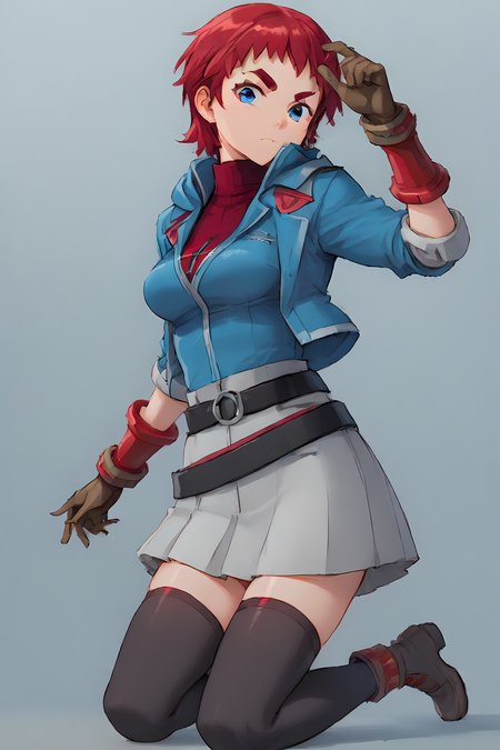 (military uniform blue jacket red hoodie red turtleneck vambraces grey skirt black belt brown gloves black thighhighs:1.60), cra-kristen, blue eyes, red hair, short bangs, short hair, thick eyebrows, 
medium breasts, 1girl, solo, skinny, (source_anime, score_9, score_8_up, score_8, score_7_up), score_7, score_6_up, score_6, score_5_up, score_5, 
(lewd:1.10),
(outdoors:0.70),
(full body:1.40), (:1.20),
<lora:cra-kristen-V03:0.70>