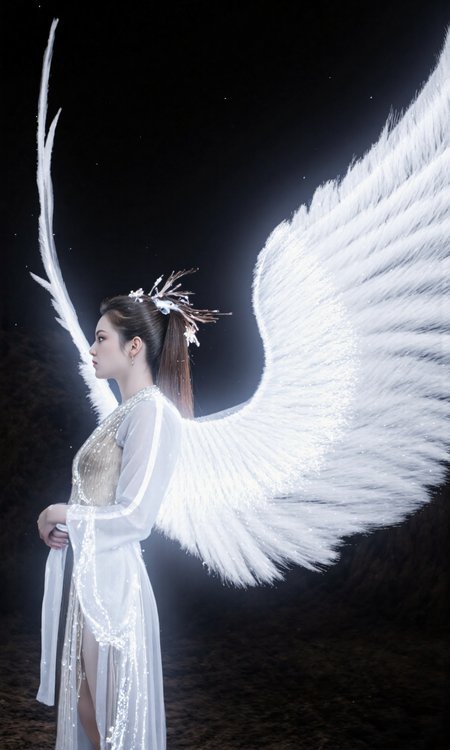 Top Atmosphere Photography Works, extremely realistic, Art by Zhang Jing. 

a fairy wearing (a white Hanfu/made of glowing fiber optic circuits, luminescent fiber-optic electrical circuits),  a pair of folded white glowing giant feather wings, the surrounding is a dark, empty void. the image is high quality and vivid with tech aesthetics.

(photorealistic:1.2), (Extremely realistic, masterpiece, top quality, official art, best quality, beautiful and aesthetic:1.2), 4k, 8k, very rich details, 24bit colors, vivid colors, cinematic color grading,