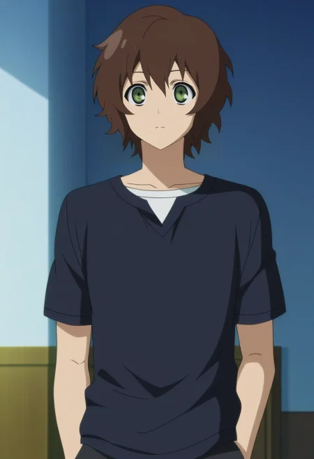 masterpiece, best quality, , anime screencap, anime coloring, official style,, 1boy, solo, male focus, <lora:yoichi_saotome_ilxl:0.94>, yoichi_saotome, brown hair, green eyes, short hair, ,