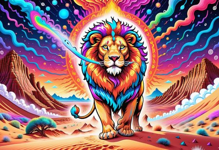A huge incredible lion is walking along the colorful psychedelic dunes of ((desert)). the lion's mane shimmers with all the colors of the rainbow. it feels like a lion is burning with a multicolored flame. background:  ((black night)) with rare large stars. the inscription on the picture: "Graógramán", addotional tail