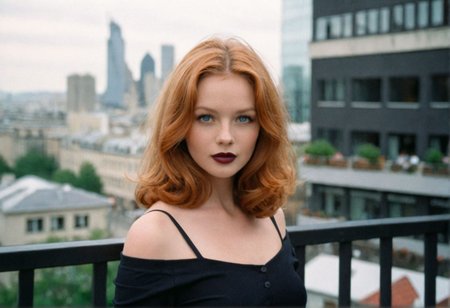 ((CinematicPortrait analog photo)) ginger  woman outdoors, blue eyes, (glossy dark lipstick), (balcony cityscape), ((soft focus, depth of field, film grain, looking at viewer)) <lora:CinematicPortraitXL_v3:0.65>