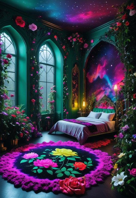 Light mood masterpiece photography, realistic, realistic photograph, inside bedroom, gaudy, Lisa Frank inspired, Lisa Frank colors, colorful eyeshadow, flowers, indoor garden, rock n roll, Ramones, Led Zeppelin, Aerosmith, maximalism, green and blue and pink, purple, in bedroom, soft rug, neon rug, bedroom like bedroom from Howl's Moving Castle