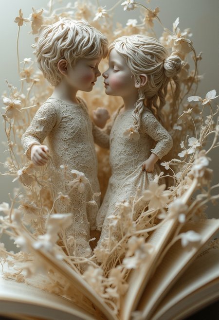 hyperrealistic detailed image, masterpiece,
Open book. Sculpture ((( boy and girl in love: 1.4))) from paper pages of a book, complex, dynamic movement, cinematic, style raw